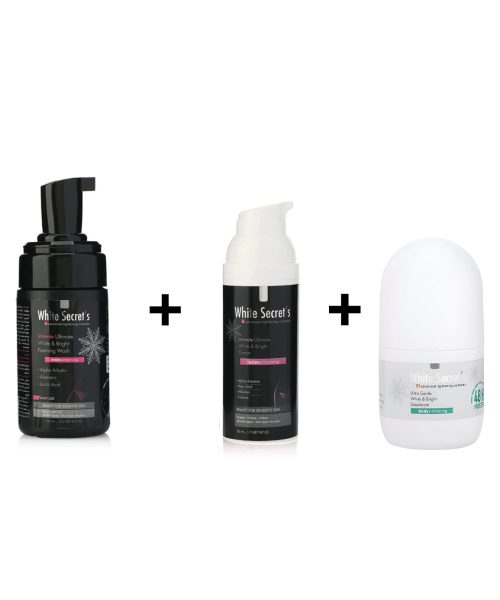 White Secret's Intimate white & Bright Package Cleansing Foaming Wash + Cream + Whitening Deodorant Kuwait وايت سيكريتس باكدج التبييض غسول و كريم مزيل عرق الكويت